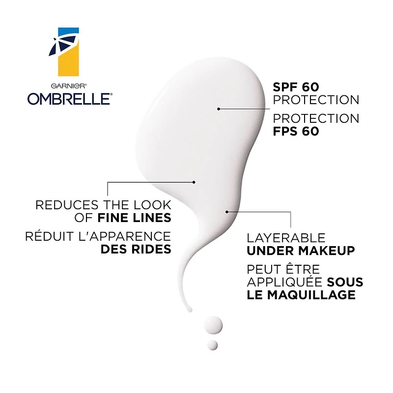 Garnier Ombrelle Daily UV SPF 60, lotion solaire légère anti-âge pour le visage et crème hydratante, très haute protection à large spectre, hydrate et combat les signes du vieillissement, hypoallergén