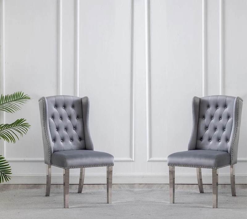 CHAISES K-LIVING FILA EN VELOURS TOUFFETÉ DE COULEUR GRIS AVEC PIEDS EN ACIER INOXYDABLE ET POIGNÉE ARRIÈRE ROBUSTE (2 CHAISES)