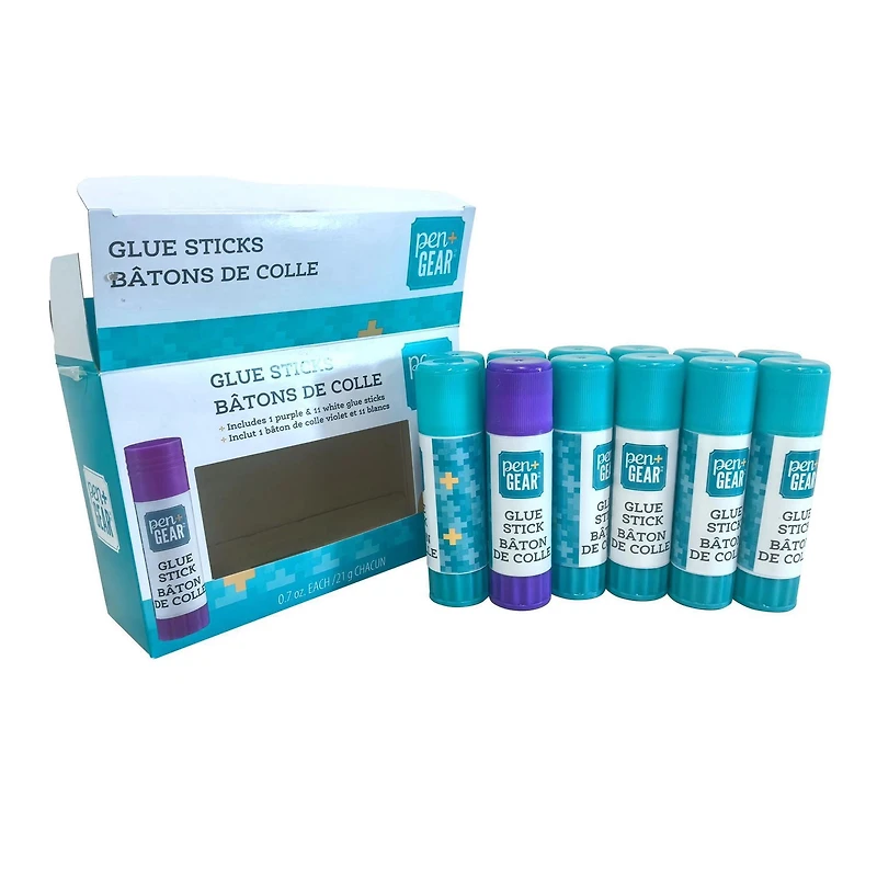 Colle bâton Pen+GEAR, 12 pièces × 21 g (0,7 oz), emballé en boîte en carton, temps de séchage : 5–10 minutes.