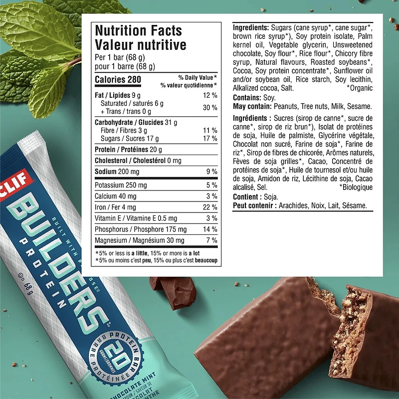 CLIF BUILDERS Protein Bars, Chocolate Mint Flavour, 20g of Protein, Prepared in Canada, Gluten Free, No Artificial Sweeteners, 6x68g