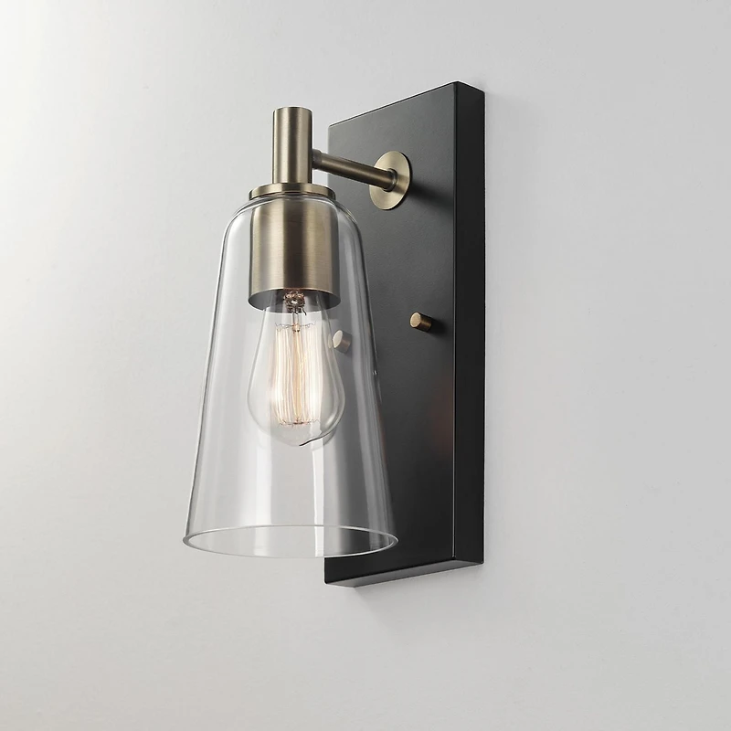 Applique murale à 1 ampoule noir mat avec accents en laiton mat et abat-jour en verre transparent