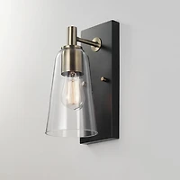Applique murale à 1 ampoule noir mat avec accents en laiton mat et abat-jour en verre transparent
