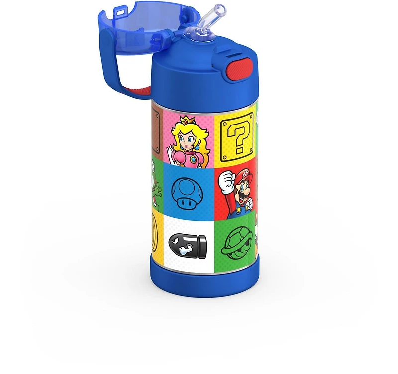 Thermos Kids Bouteille d'eau isolée sous vide avec paille rabattable, 355 ml, Super Mario