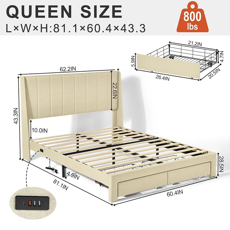 Ensemble de chambre à coucher Homy Casa 3 pièces - Lit plateforme rembourré avec 1 poufs de rangement pliables et table de chevet pliable réglable