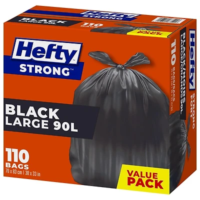 Hefty Garbage Bags, Value Pack Large 90 Litres Black, EasyFlaps, 110 Bags