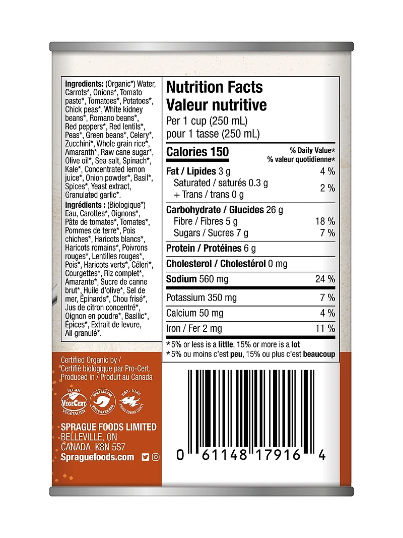 Sprague Organic Tuscany-Style Minestrone Soup, 398ml - Reheat and Serve