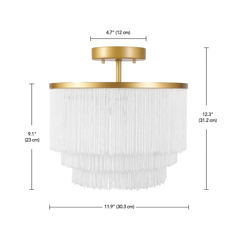 Plafonnier affleurant à 1 ampoule Janis de Novogratz x Globe, or mat, abat-jour en tissu frangé blanc