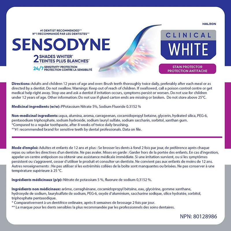 Sensodyne Clinical White Mint Toothpaste for Sensitive Teeth, Stain Protector, 75mL