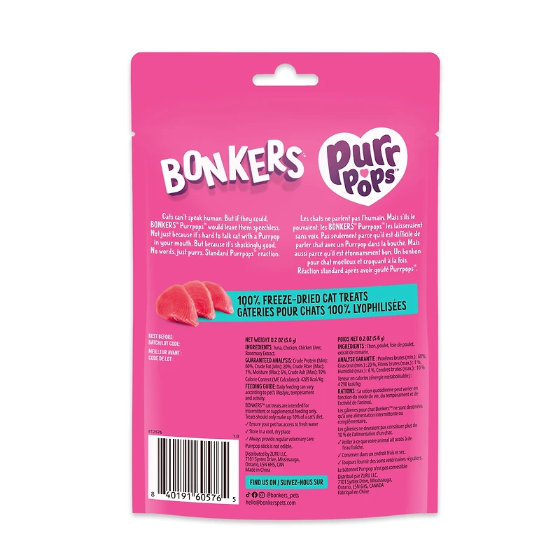 BONKERS Purrpops Suçons pour chat lyophilisés, saveur thon 4 unités