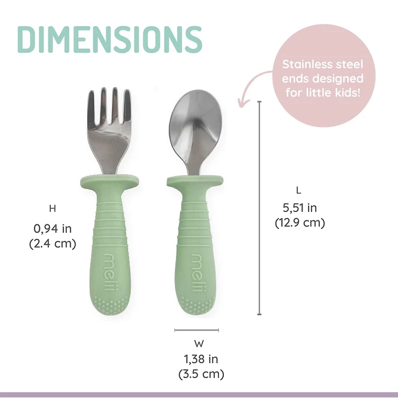 Melii ensemble cuillère et fourchette en silicone et acier inoxydable pour bébé  4 pack - menthe + creme
