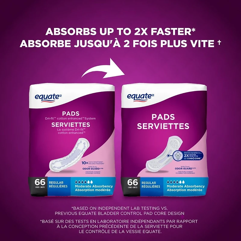 Serviettes à contrôle de la vessie absorption modérée d'Equate 66 serviettes, longueur ordinaire