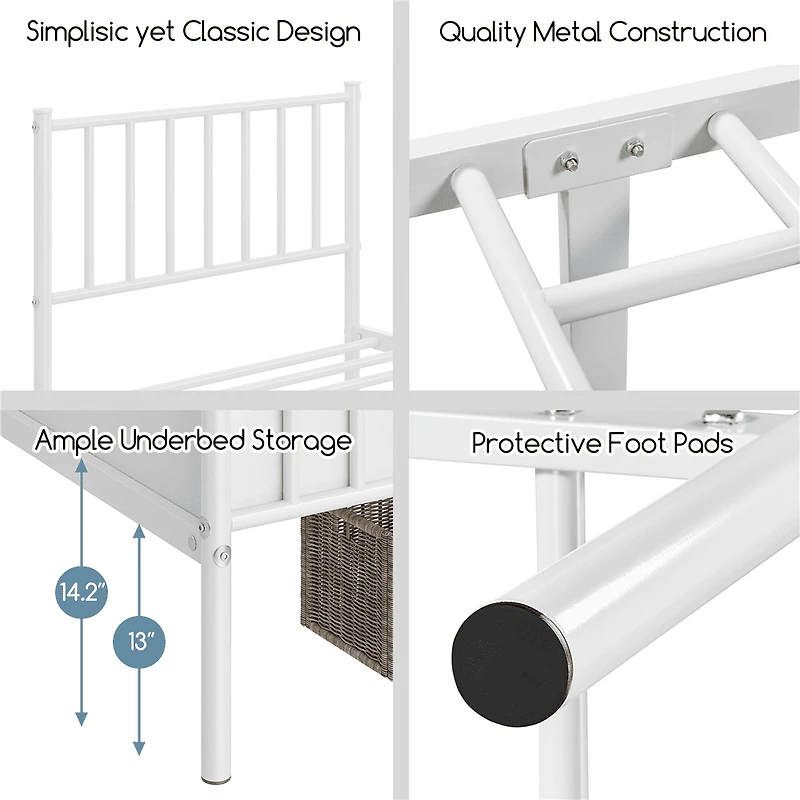 Fullfurnique Minimalist Metal Bed Frame with Vertical Bar Headboard and Footboard, Queen, White