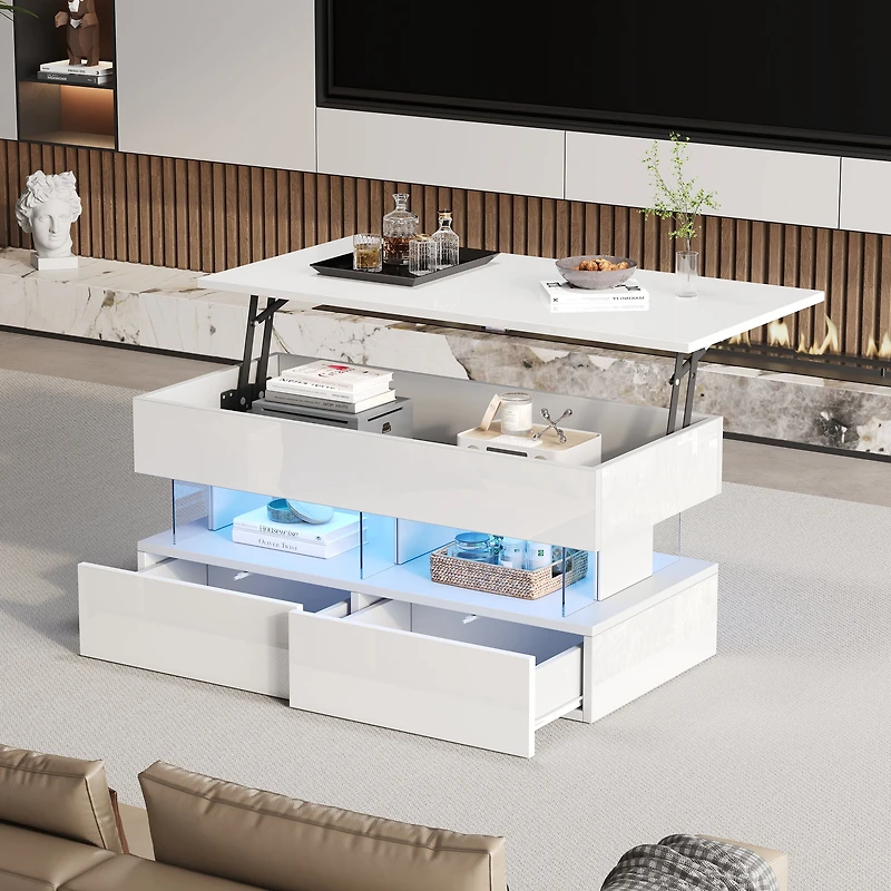 Noble House Lift-Top Coffee Table with LED Light & 2 Drawers,White