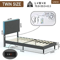 Homy Casa Upholstered Twin Bed with Tech Charging and LED Lights, Modern Headboard, Grey