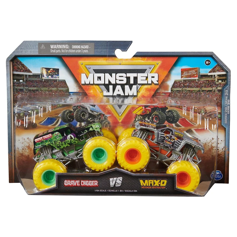 Monster Jam, Monster trucks officiels en métal moulé Grave Digger Vs. Max D, échelle 1:64, jouets pour garçons à partir de 3 ans