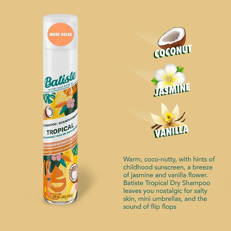 Batiste Shampoing sec, parfum tropical, pack économique, rafraîchit les cheveux et absorbe l'huile entre les lavages, shampooing sans eau pour plus de texture et de corps, grand format, 200 ml Pas de lavage? Pas de problème