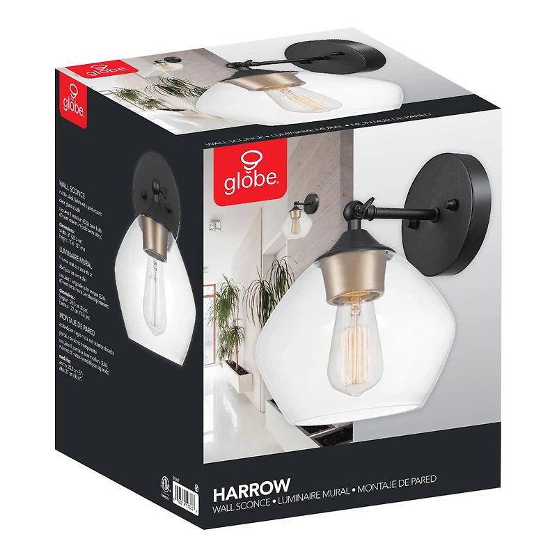 Applique murale de collection Harrow à 1 lumière en noire mat avec abat-jour en verre transparent