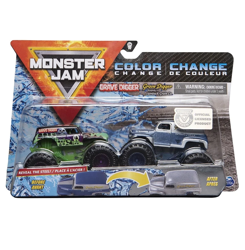 Monster Jam, Monster trucks Grave Digger vs Grave Digger (1984 Retro) officiels qui changent de couleur en métal moulé, échelle 1:64