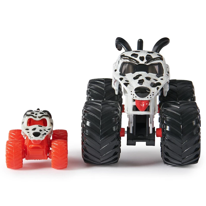 Monster Jam, Monster truck officiel en métal moulé Dalmatian, échelle 1:64, avec mini-véhicule collector à l'échelle 1:87 en cadeau, jouets pour filles et garçons à partir de 3 ans