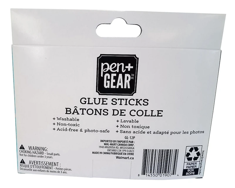 Colle bâton Pen+GEAR, 12 pièces × 21 g (0,7 oz), emballé en boîte en carton, temps de séchage : 5–10 minutes.