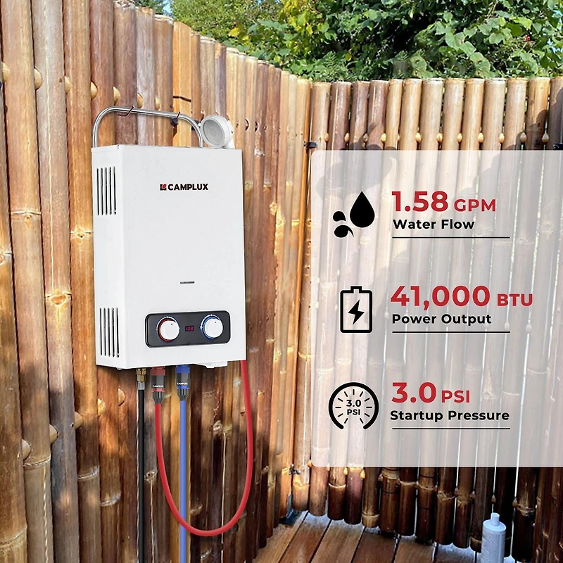 Camplux Pro 1.58 GPM Outdoor Portable Propane Tankless Water Heater, White