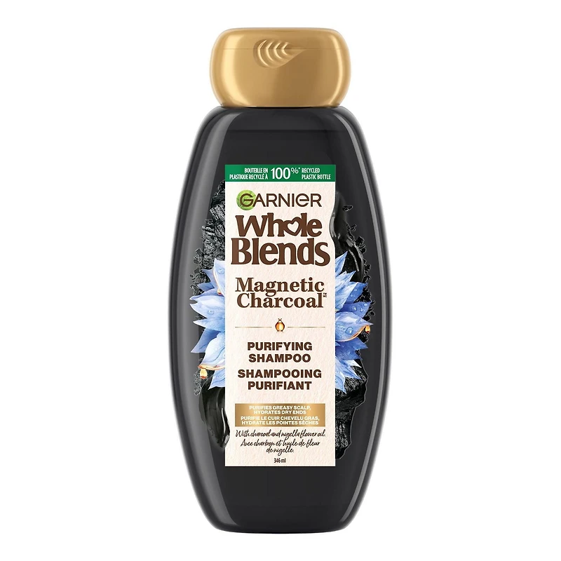 Garnier Whole Blends Magnetic Charcoal Purifying Shampoo for Greasy Scalp, Hydrates Dry Ends for Up to 48-Hours, with Charcoal - 346ml, Purifies greasy scalp