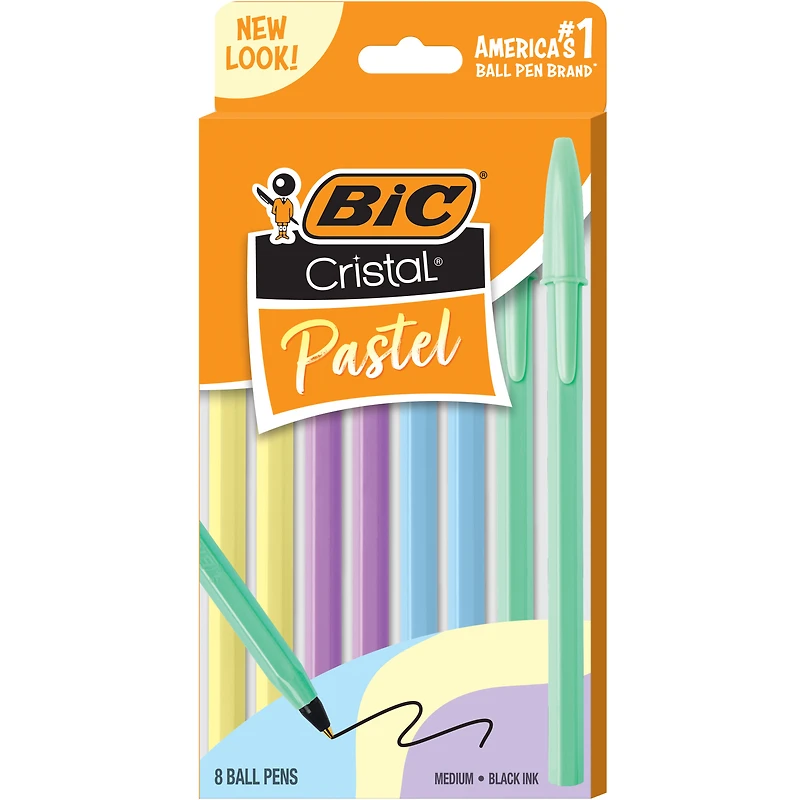 BIC Cristal Pastel Ballpoint Pens, Black Ink, Pastel Coloured Barrels, Pens for Journaling, 8-Count Pack