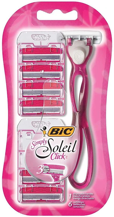 Rasoir jetable flexible femme BIC Simply Soleil Click, 3 lames, 1 manche et 6 cartouches, bande lubrifiante apaisante pour un glissement amélioré