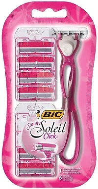 Rasoir jetable flexible femme BIC Simply Soleil Click, 3 lames, 1 manche et 6 cartouches, bande lubrifiante apaisante pour un glissement amélioré
