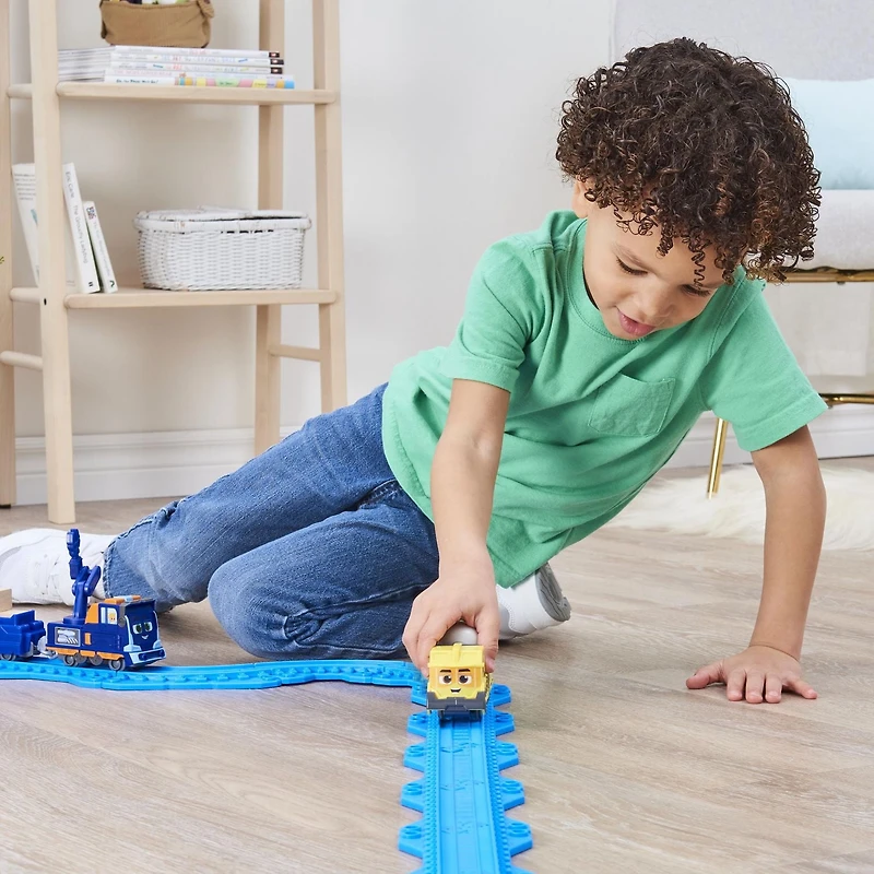 Mighty Express, Petit train Push and Go Brock le bâtisseur avec wagon de cargaison, jouets pour enfants à partir de 3 ans