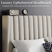 Fullfurnique Upholstered Bed Frame with Wing Side and Channel Headboard, King, Ivory