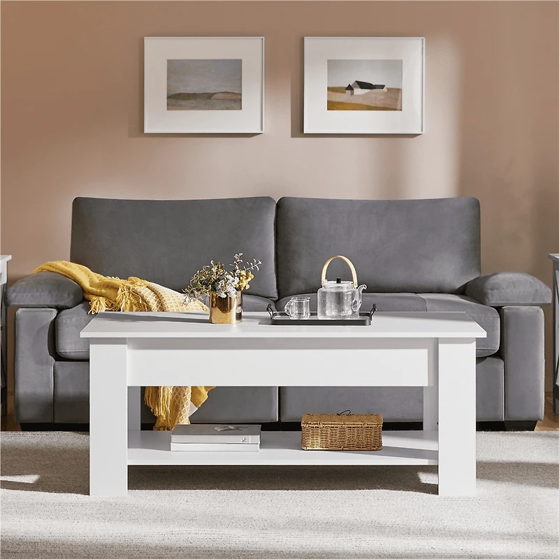 Fullfurnique Lift Top Coffee Table with Large Hidden Compartment and Storage Open Shelf, White