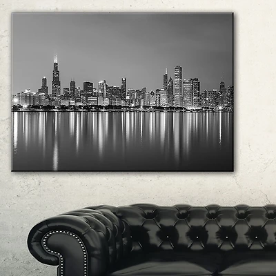 Design Art Chicago Skyline at Night Black And White Cityscape Canvas Art Print