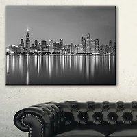 Design Art Chicago Skyline at Night Black And White Cityscape Canvas Art Print