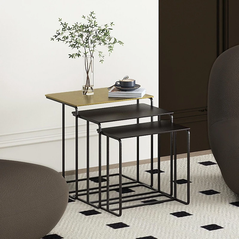 Industrial Chic Cast Aluminum 3Pc Accent Table Set - Antique Gold & Black