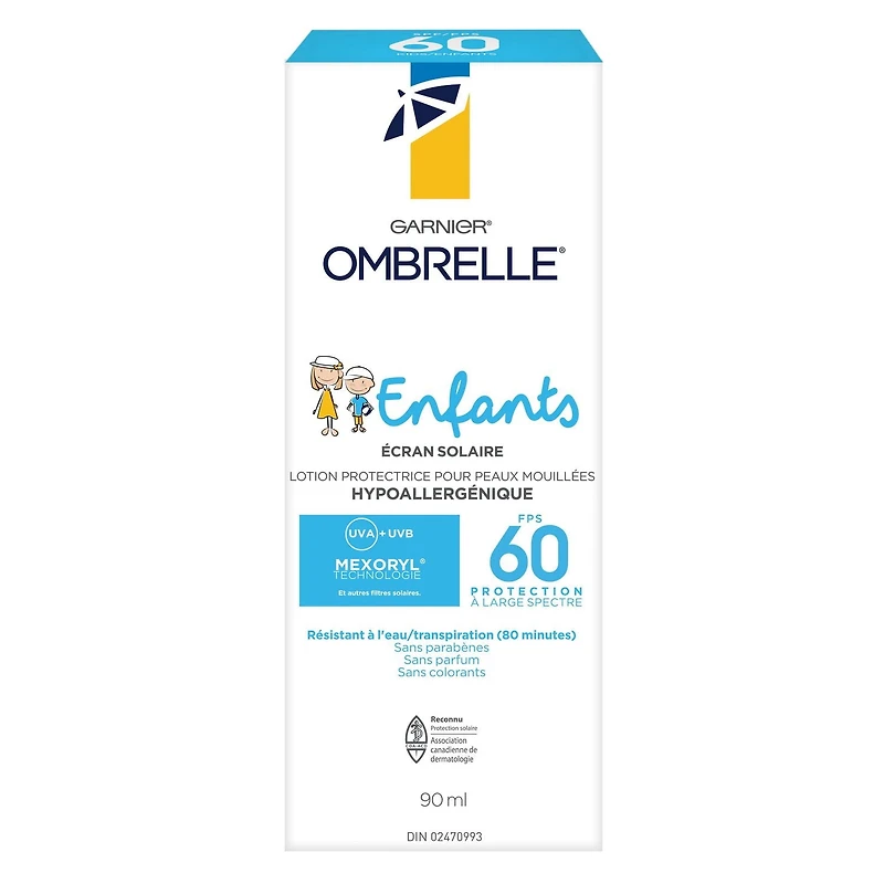 Garnier Ombrelle Écran solaire pour enfants FPS 60, formulé pour les peaux sensibles, non comédogène, hypoallergénique, sans parfum, haute protection à large spectre UVA/UVB, résistant à l'eau, 90 ml