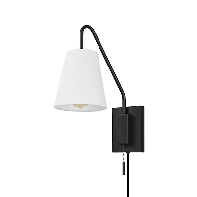 1-Light Matte Black Swing Arm Plug-In or Hardwire Wall Sconce with White Fabric Shade