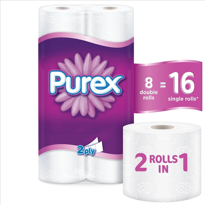 Papier hygiénique Purex doux et épais, hypoallergénique et sans danger pour les fosses septiques, 8 roul. doubles = 16 roul. Simples