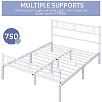Fullfurnique Minimalist Metal Platform Bed with Arrow Design Headboard for Adult, Queen, White