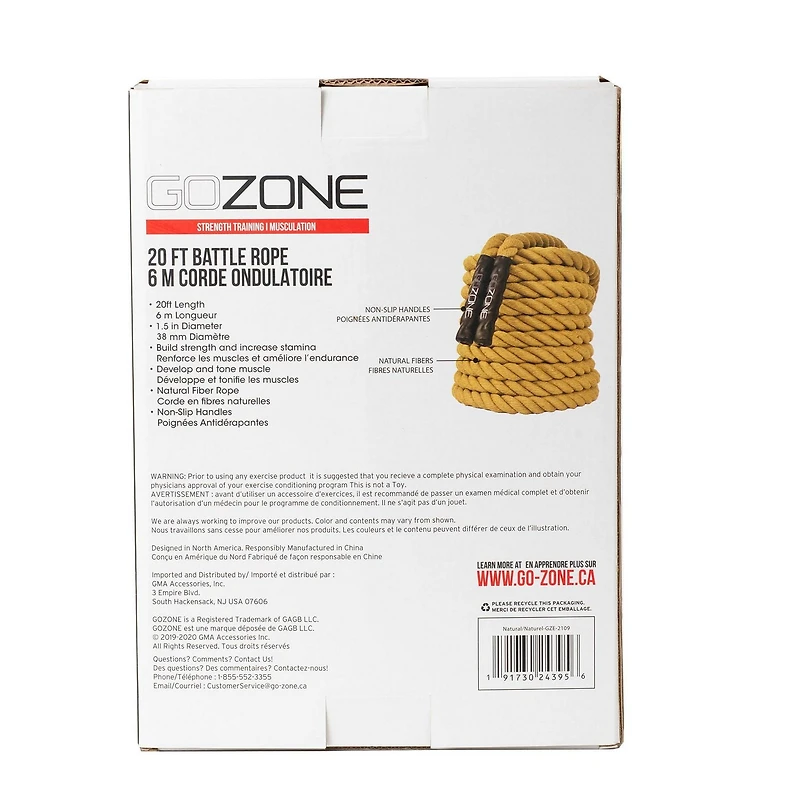 GoZone 20ft Battle Rope – Natural/Black, With rubberized grip
