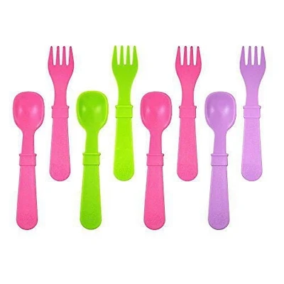 Fourchettes et Cuillères pour Tout-petits Re Play Fabriquées aux USA, Paquet de 8 Sans Étui de Transport - 4 Fourchettes pour Enfants avec Embouts Arrondis et 4 Cuillères à Profondeur pour Tout-petits