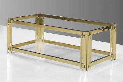 K-Living Luna Table basse avec plateau en verre trempé transparent et base en acier inoxydable poli doré