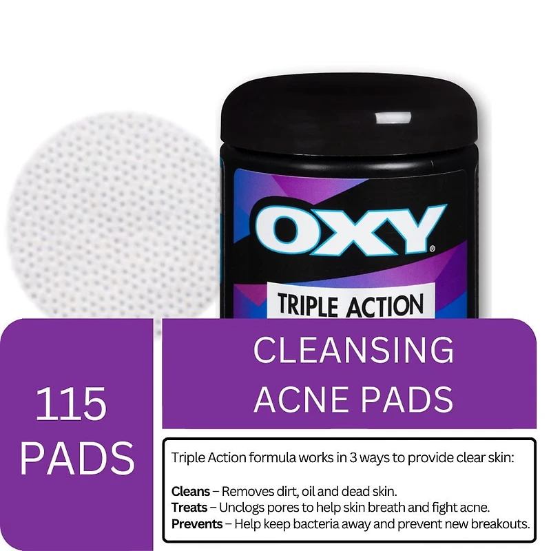 Tampons nettoyants contre l'acné OXY à triple action avec acide salicylique, pour peaux mixtes, acné légère, éruptions récurrentes fréquentes, 115 ct