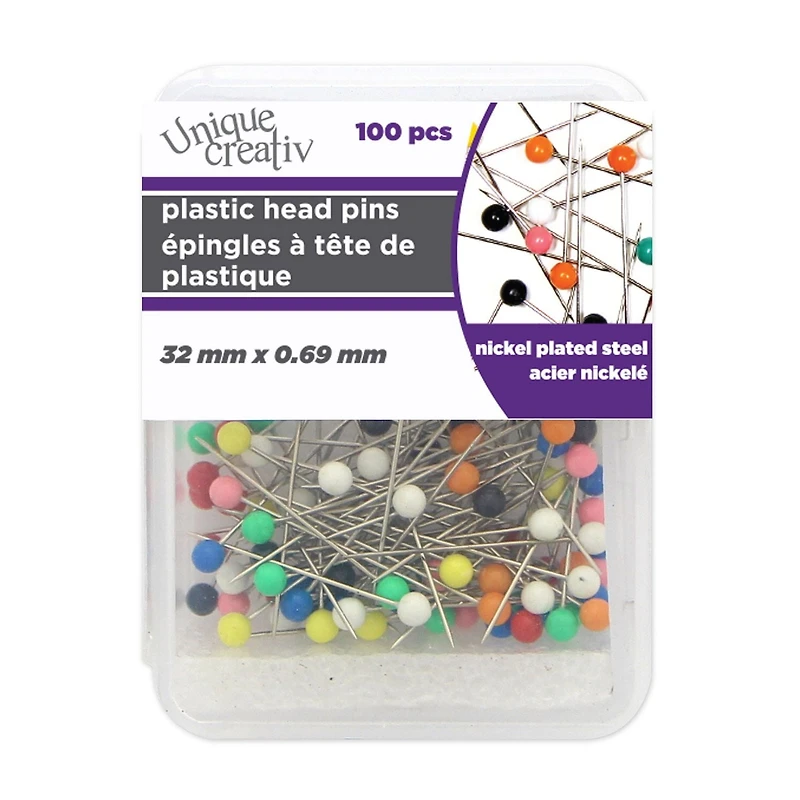 Épingles à tête en plastique UNIQUE CREATIV — Couleurs assorties, 32 mm × 0,69 mm, paquet de 100 100 pièces, 32 x 0,69 mm