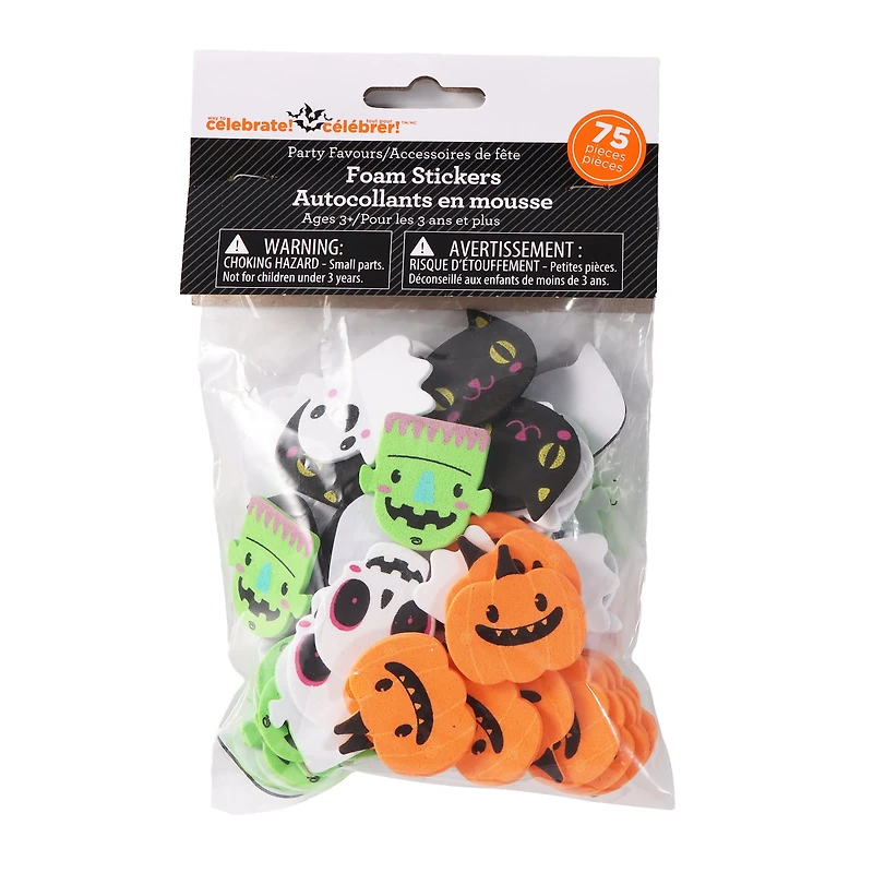 75 Foam Stickers – Pumpkin, Ghost, Cat, Skull, Frankenstein, Halloween, Ages 3+, Party Favors, by Way to Celebrate