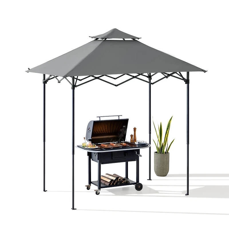 Sunjoy 8' x 5' Grill Gazebo Double Tiered Outdoor Gazebo Standing-Height Canopy with Magnetic LED Light, Adjustable Ceiling Height, for BBQ,Picnics, Outdoor Events, Gray