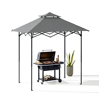 Sunjoy 8' x 5' Grill Gazebo Double Tiered Outdoor Gazebo Standing-Height Canopy with Magnetic LED Light, Adjustable Ceiling Height, for BBQ,Picnics, Outdoor Events, Gray