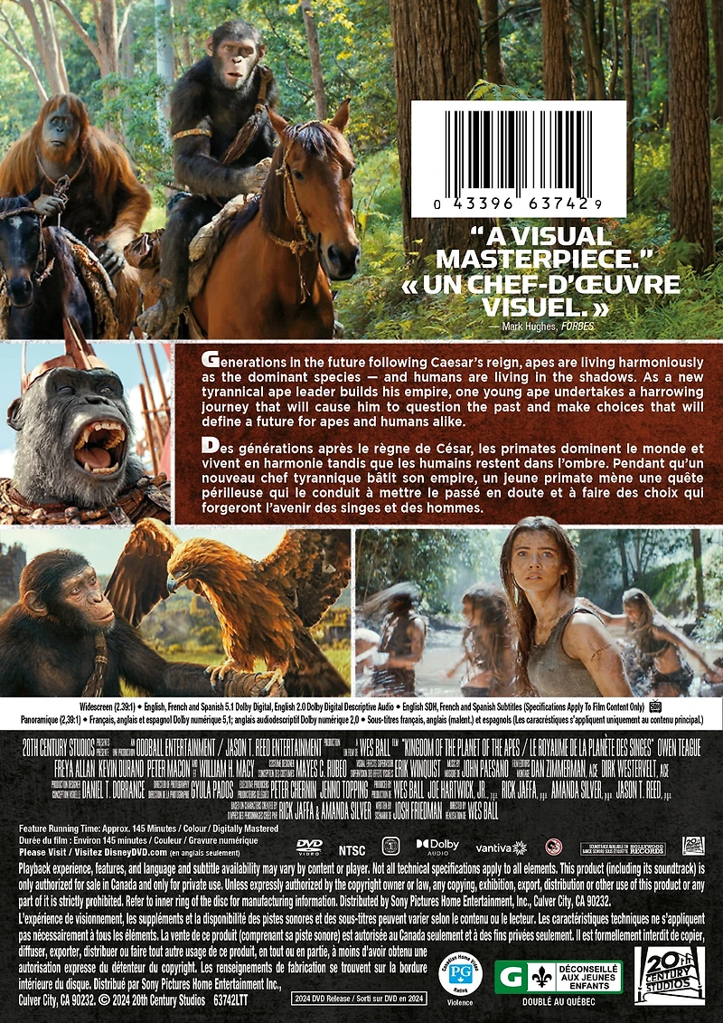 Le Royaume de la Planète des Singes - DVD | Bilingual| Owen Teague, Freya Allan, Kevin Durand, Peter Macon, William H. Macy | Disney; Action, Science Fiction