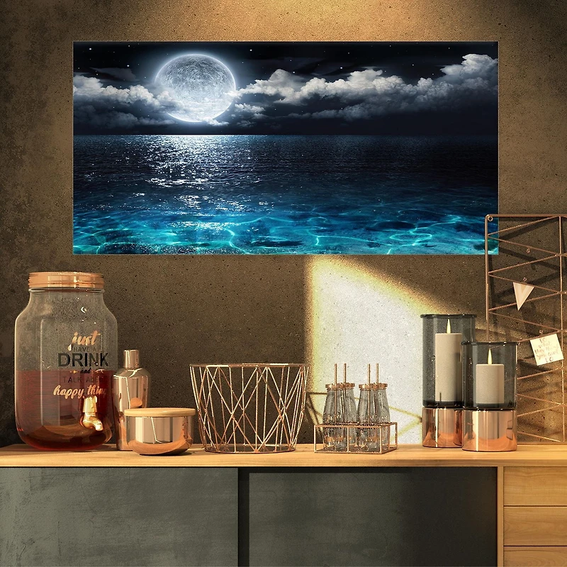 Designart Romantic Full Moon Over Sea Canvas Wall Art