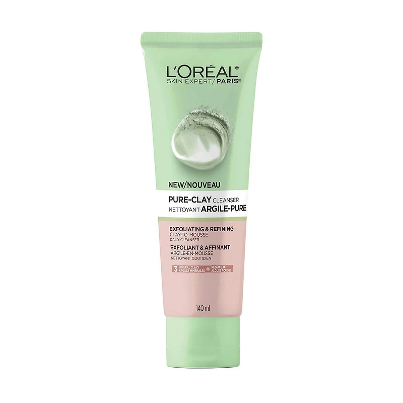L'Oreal Paris Pure-Clay Nettoyant Quotidien avec 3 Argiles Minérales + Algues Rouges pour  Peau Rugueuse, 140 ml